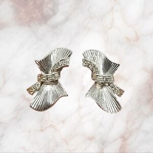 Art Deco Vintage Coro Silver Tone Rhinestone Bow Climbers Clip On Earrings
